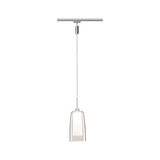 Moderne hanglamp met transparant glas en zilverkleurig metaal, geschikt voor railsystemen.