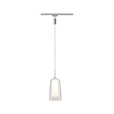 Moderne hanglamp met transparant glas en zilverkleurig metaal, geschikt voor railsystemen.