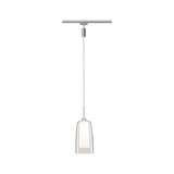 Modern pendant light with transparent glass and silver metal, designed for track lighting systems.