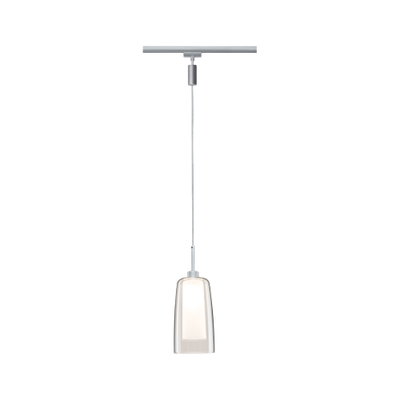 Moderne pendel med klart glas og sølvmetal, designet til skinnesystemer.