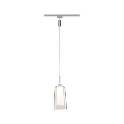 Moderne Pendelleuchte mit transparentem Glas und silbernem Metall, geeignet für Schienensysteme.