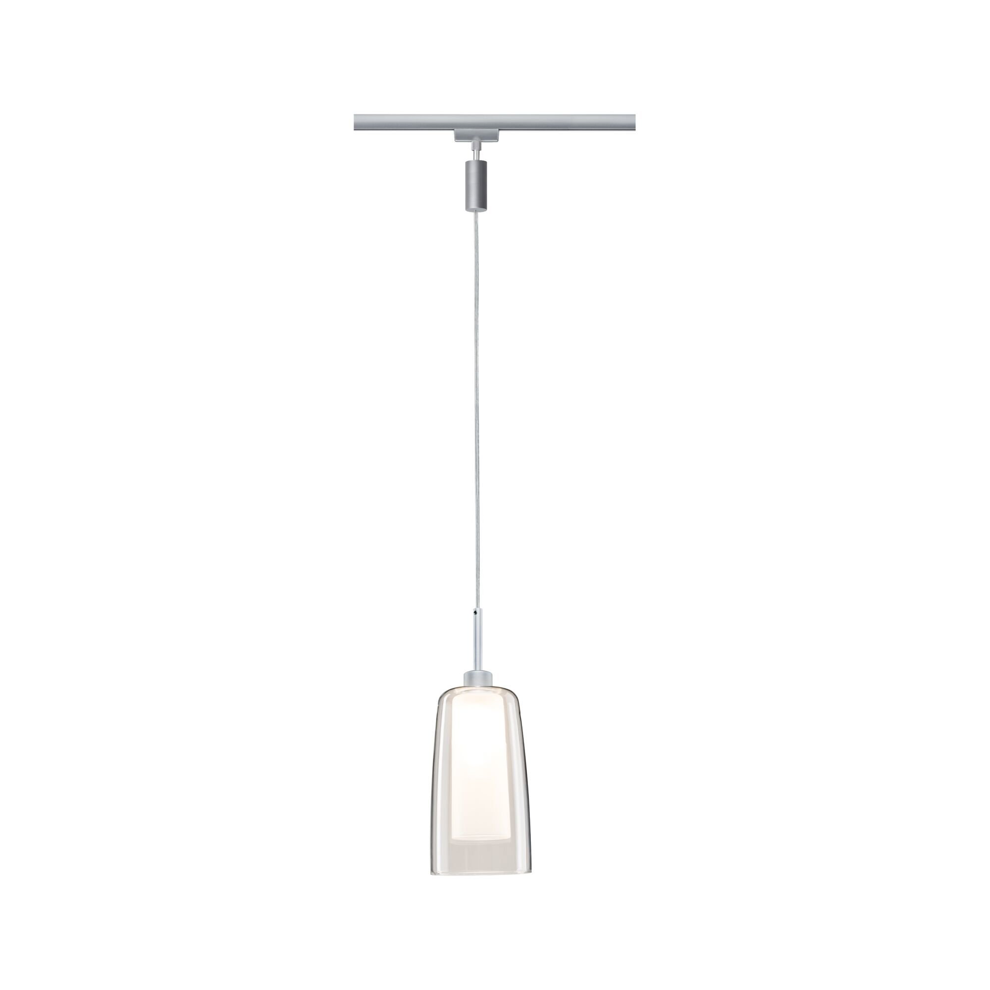 Moderne Pendelleuchte mit transparentem Glas und silbernem Metall, geeignet für Schienensysteme.