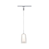 Moderne pendel med klart glas og sølvmetal, designet til skinnesystemer.