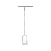 Moderne Pendelleuchte mit transparentem Glas und silbernem Metall, geeignet für Schienensysteme.