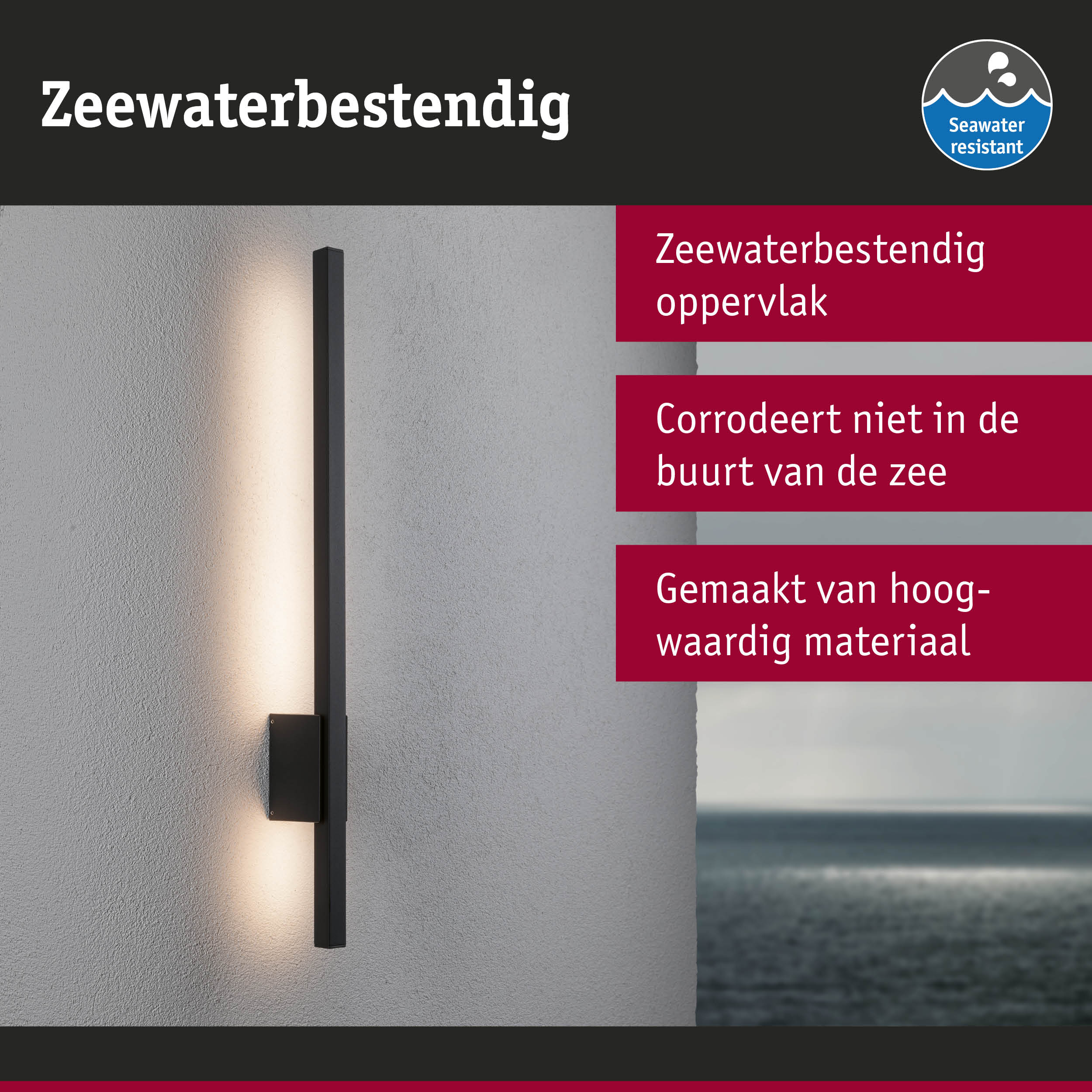 Zwarte LED-wandlamp met zeewaterbestendig materiaal en modern design aan grijze muur