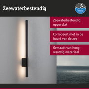 Zwarte LED-wandlamp met zeewaterbestendig materiaal en modern design aan grijze muur