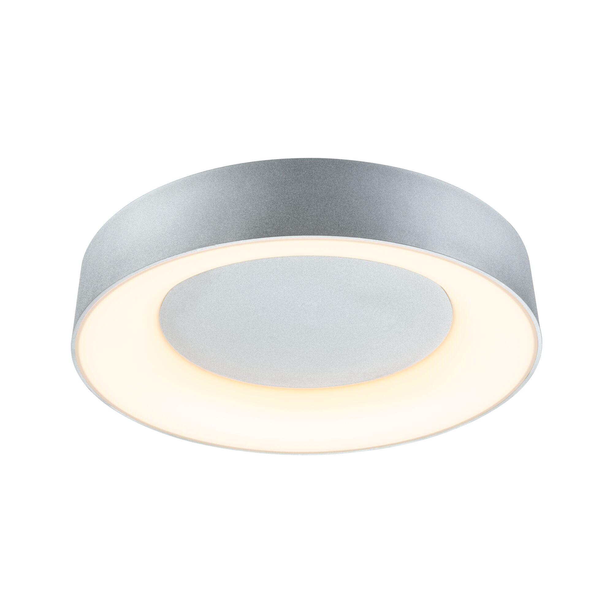 Runde Deckenleuchte aus silbernem Metall mit warmweißem LED-Licht für moderne Wohnräume