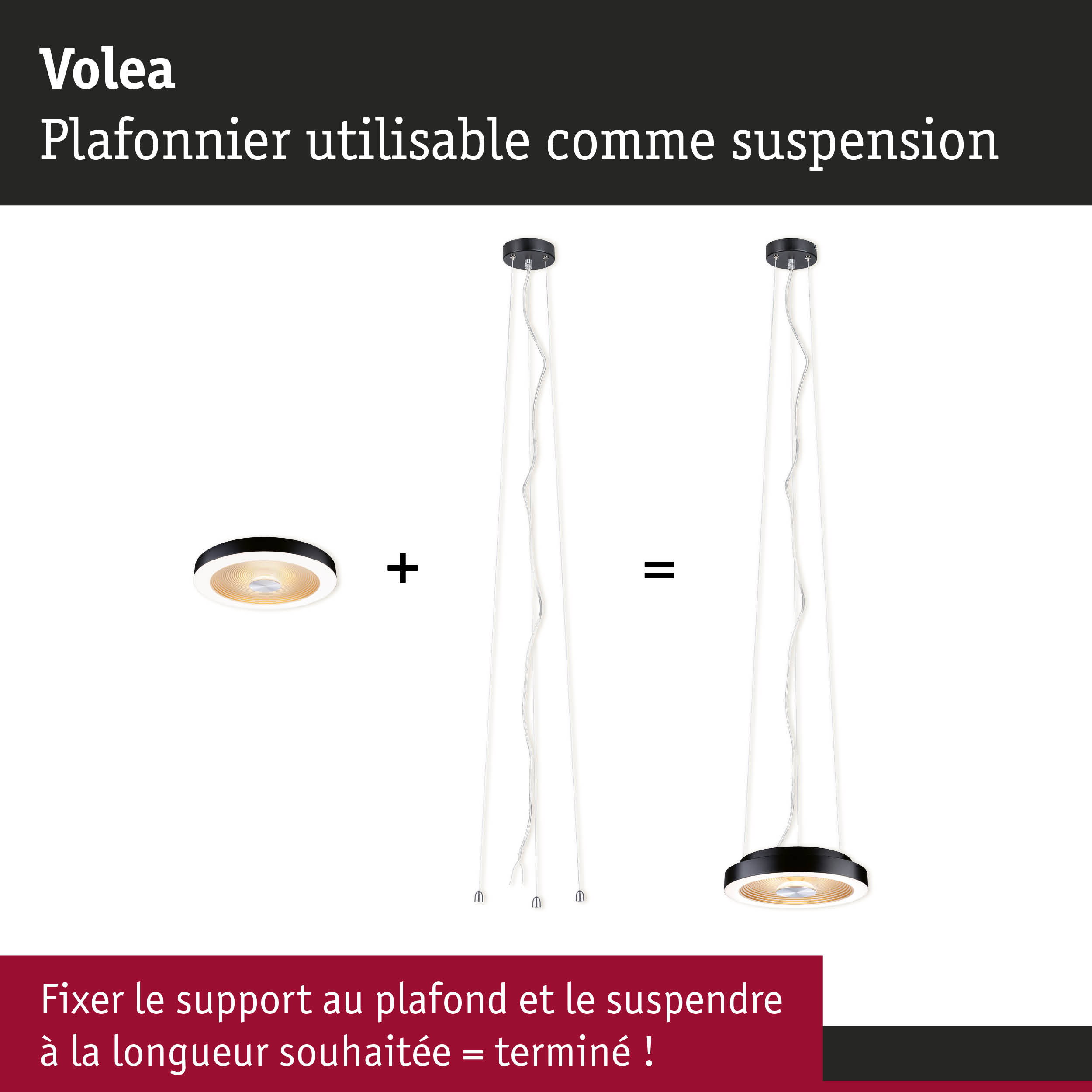 Plafonnier Volea noir avec lumière LED blanc chaud, utilisable comme suspension réglable en hauteur
