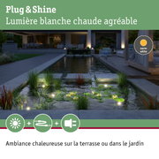 Éclairage LED Plug & Shine blanc chaud illumine jardin avec bassin et terrasse au crépuscule