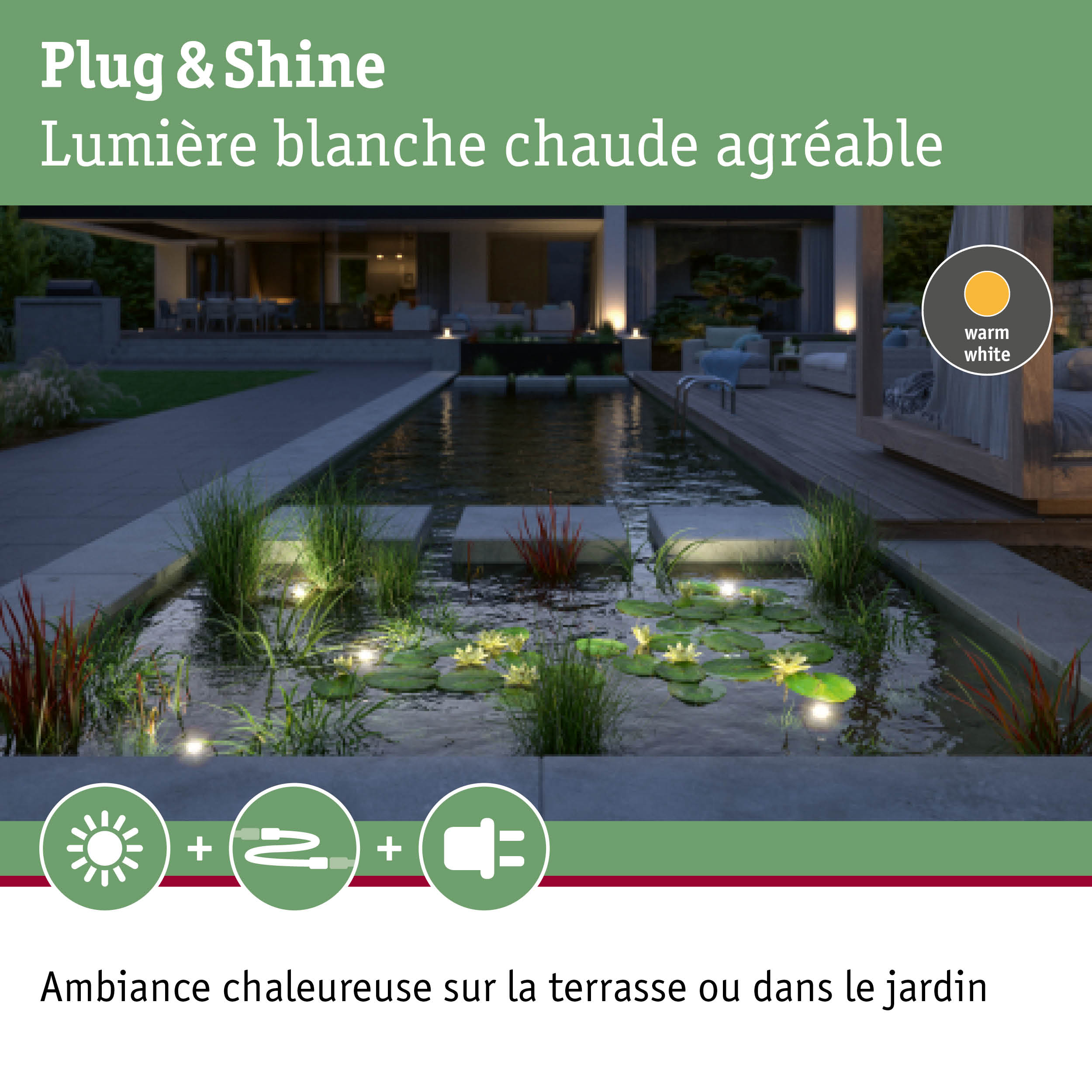 Éclairage LED Plug & Shine blanc chaud illumine jardin avec bassin et terrasse au crépuscule