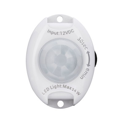 White plastic LED motion sensor with 12V DC input and max 24W power for lighting control