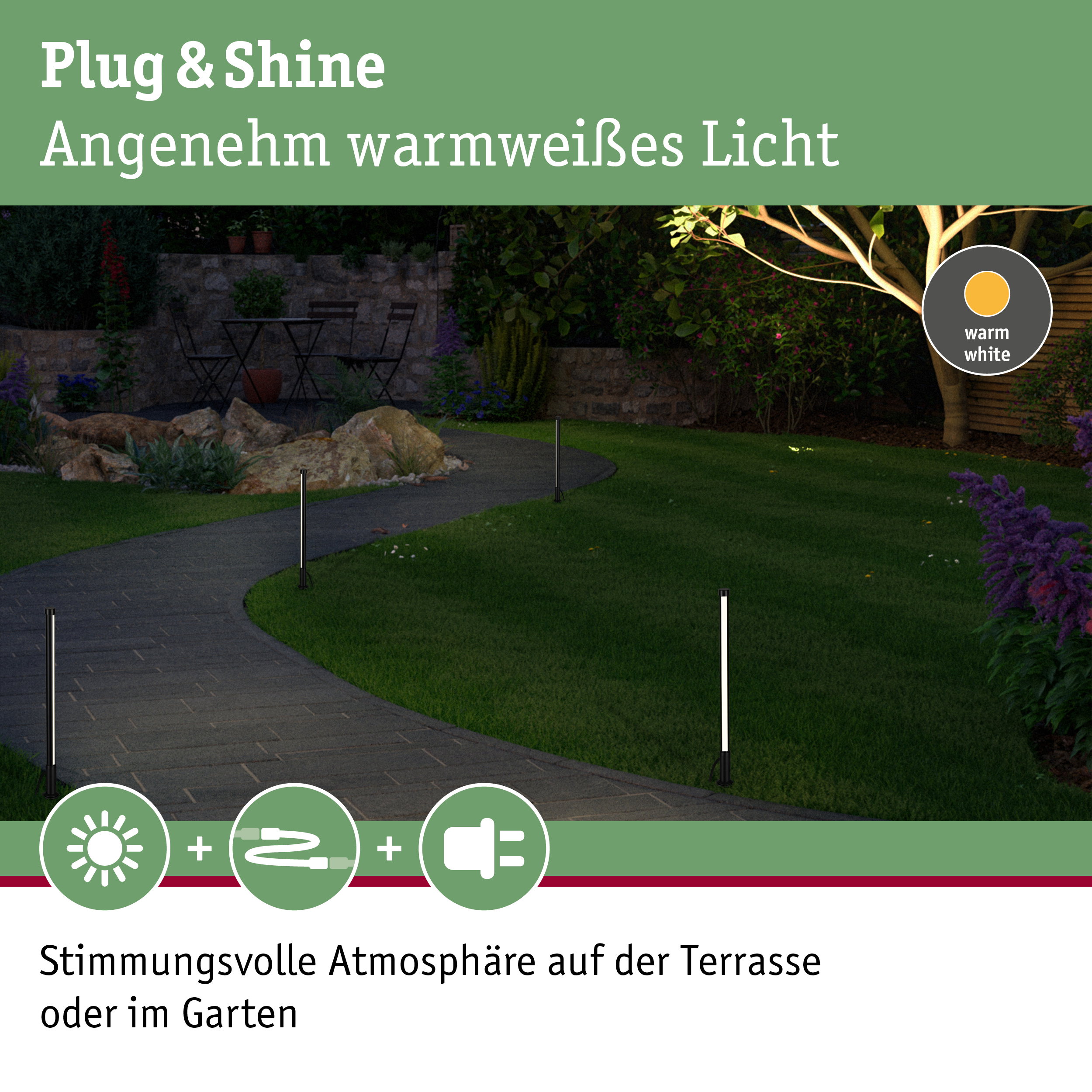 Gartenweg mit warmweißem Plug & Shine LED-Außenlicht für stimmungsvolle Terrasse und Gartenbeleuchtung
