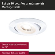 Spot encastré en plastique blanc avec plage de pivotement de 70° pour montage facile et grands projets