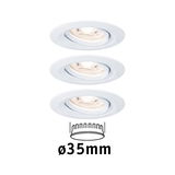 Three white plastic recessed spotlights with 35 mm diameter for modern LED lighting solutions