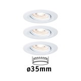 Three white plastic recessed spotlights with 35 mm diameter for modern LED lighting solutions