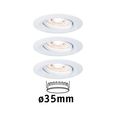 Drei weiße Einbaustrahler aus Kunststoff mit 35 mm Durchmesser für moderne LED-Beleuchtung