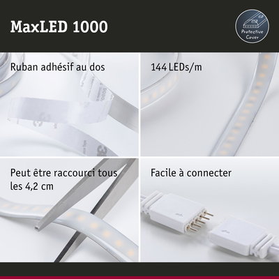 Bande LED MaxLED 1000 avec 144 LEDs/m, ruban adhésif, coupable tous les 4,2 cm, facile à connecter