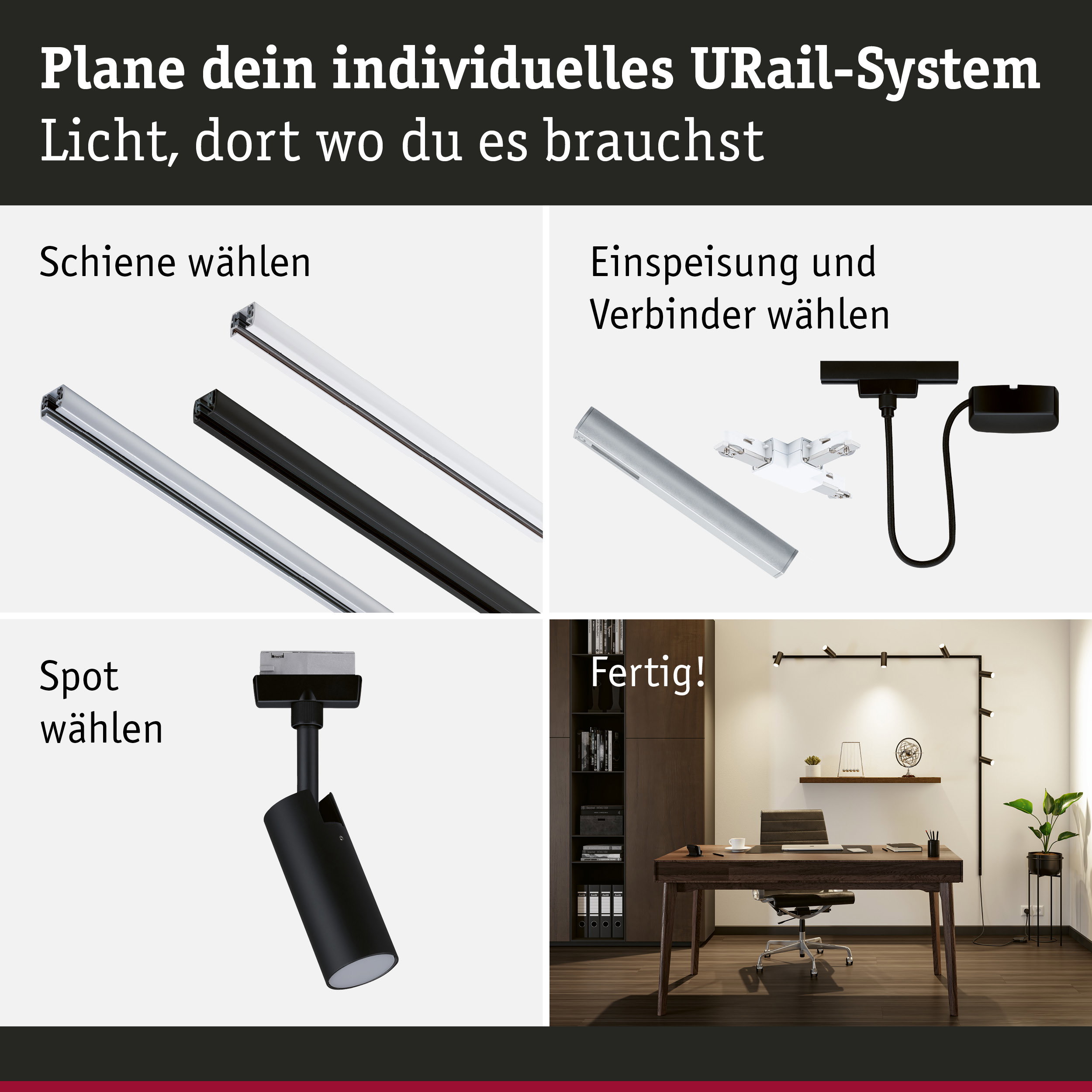 Modulares URail-Schienensystem mit weißen und schwarzen Schienen, Steckern und Spots für flexible Raumbeleuchtung