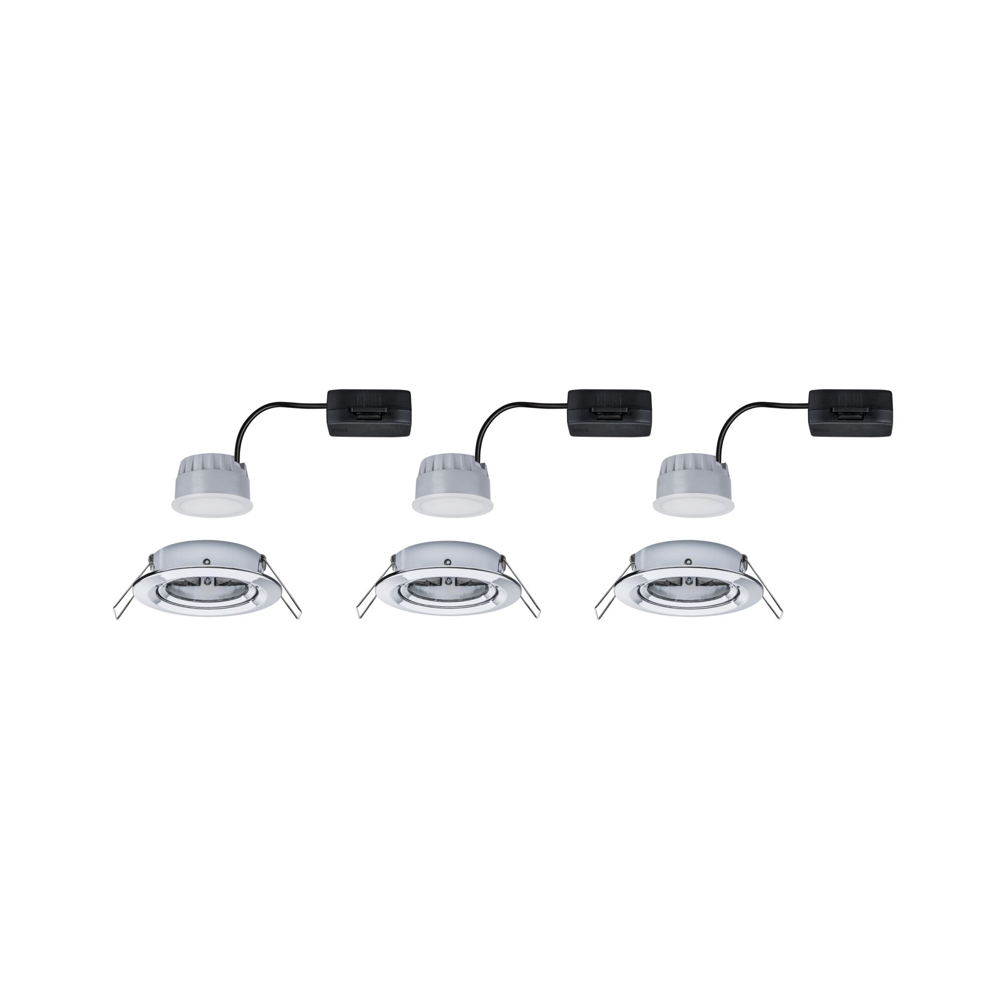 Three white recessed spotlights with black connector cables and mounting clips for ceiling installation, LED lighting