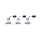 Three white recessed spotlights with black connector cables and mounting clips for ceiling installation, LED lighting