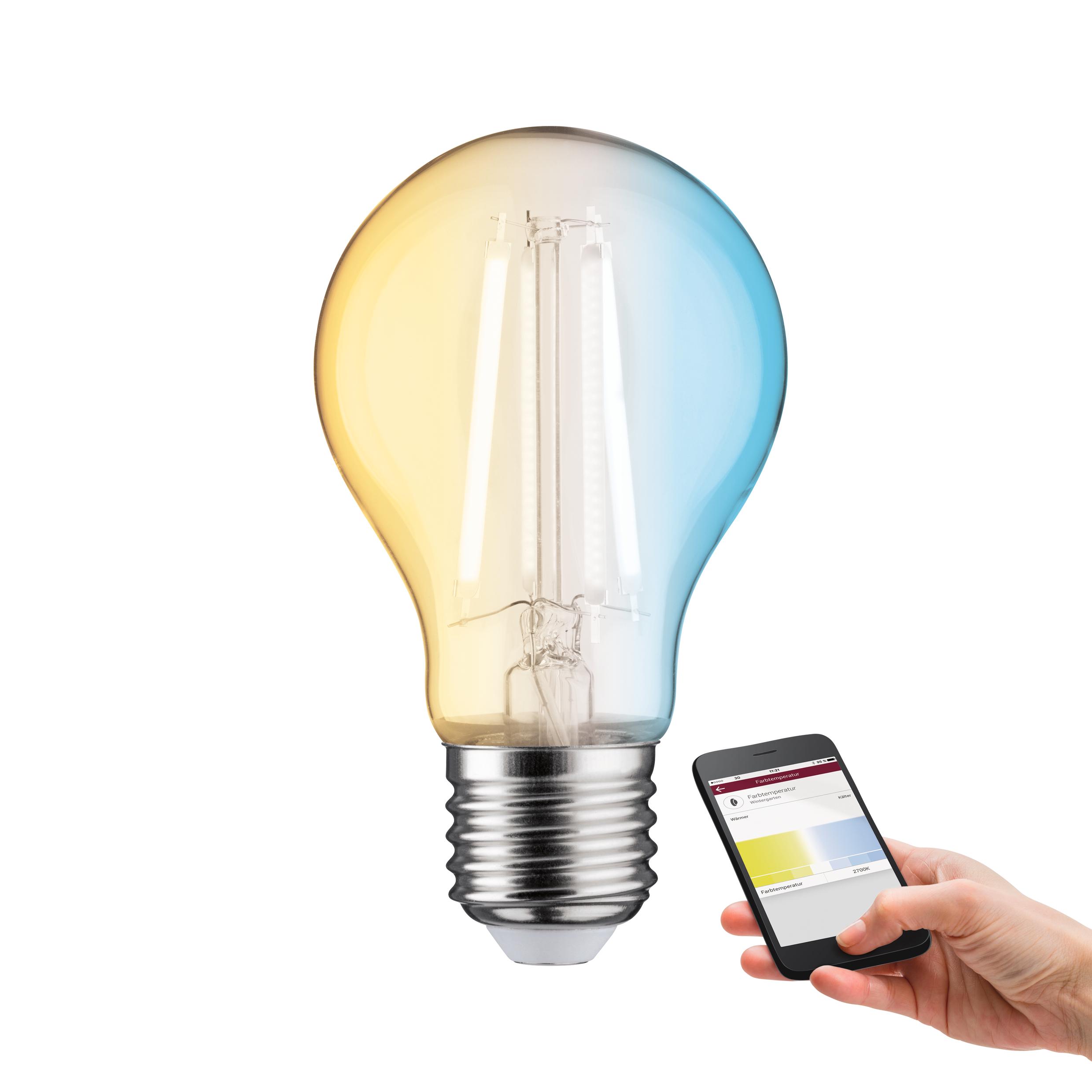 LED-Glühbirne mit Farbtemperatursteuerung per Smartphone-App für individuelles Licht in warm und kalt.