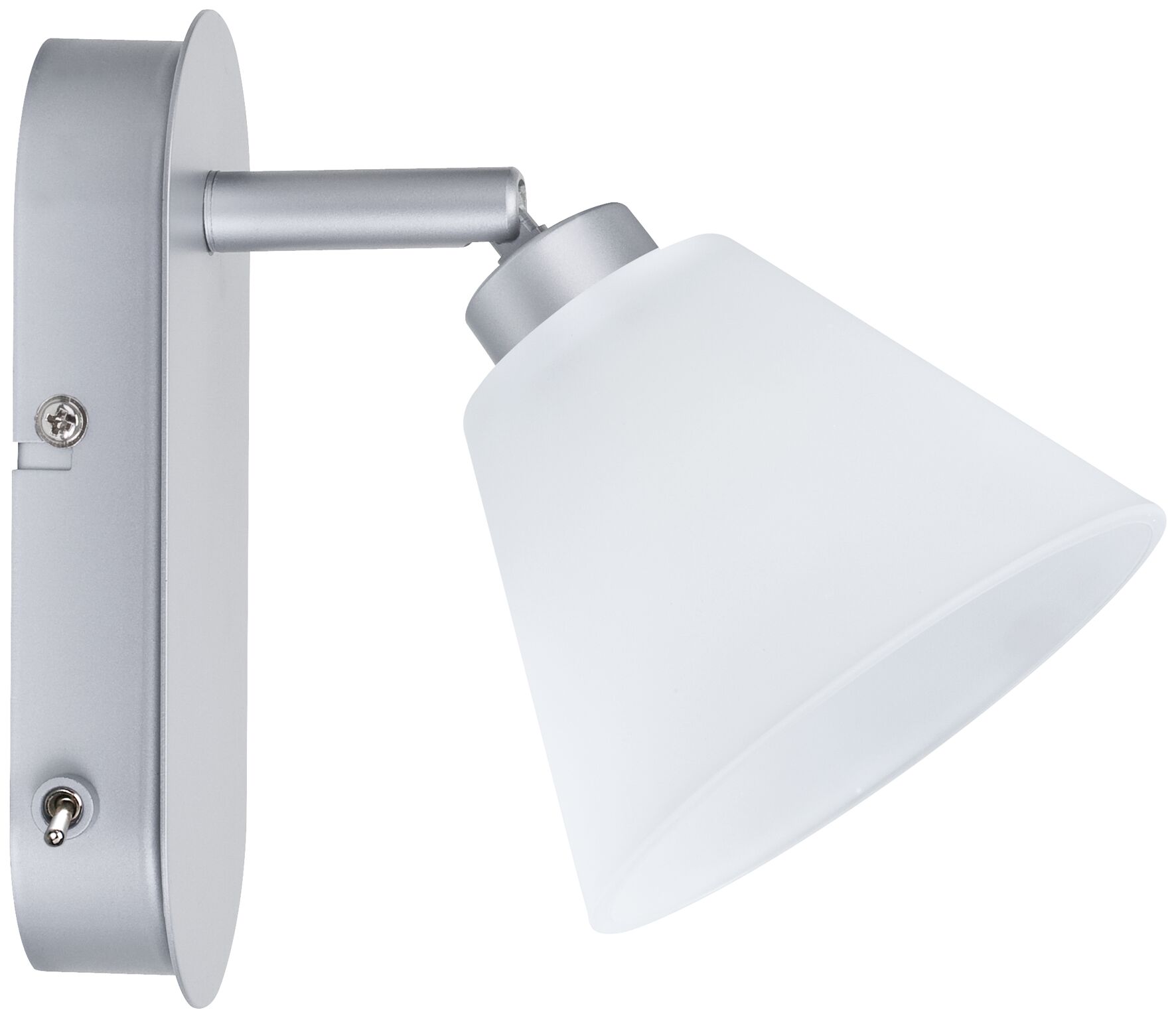 Wall lamp with silver metal arm and white glass shade, modern LED wall spotlight