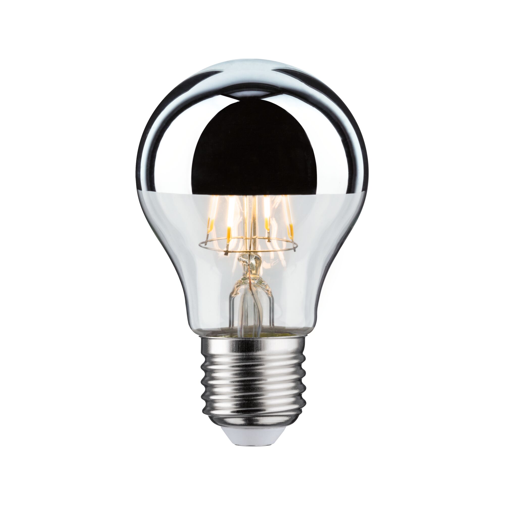 LED light bulb with half-mirrored glass and E27 base, energy-saving lamp in silver and clear glass.