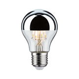 LED light bulb with half-mirrored glass and E27 base, energy-saving lamp in silver and clear glass.