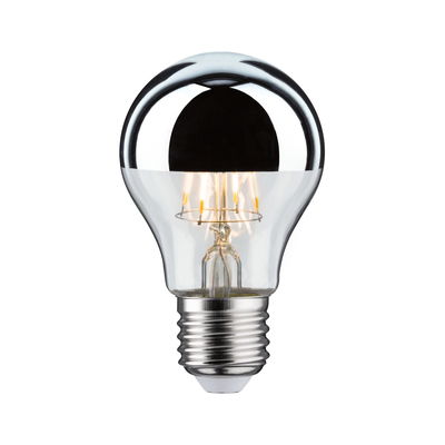 LED light bulb with half-mirrored glass and E27 base, energy-saving lamp in silver and clear glass.