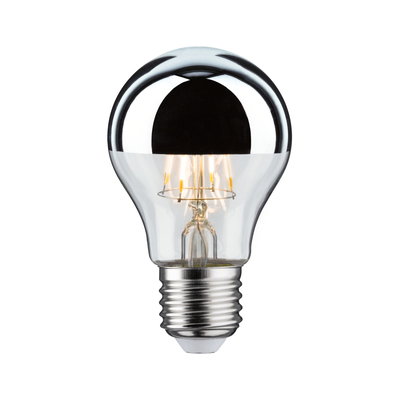 LED-Glühbirne mit halbverspiegeltem Glas und E27-Fassung, energiesparende Leuchte in Silber und Klar.