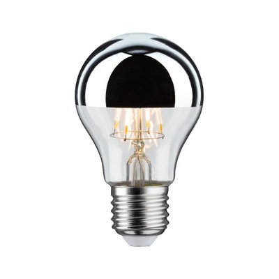 LED light bulb with half-mirrored glass and E27 base, energy-saving lamp in silver and clear glass.