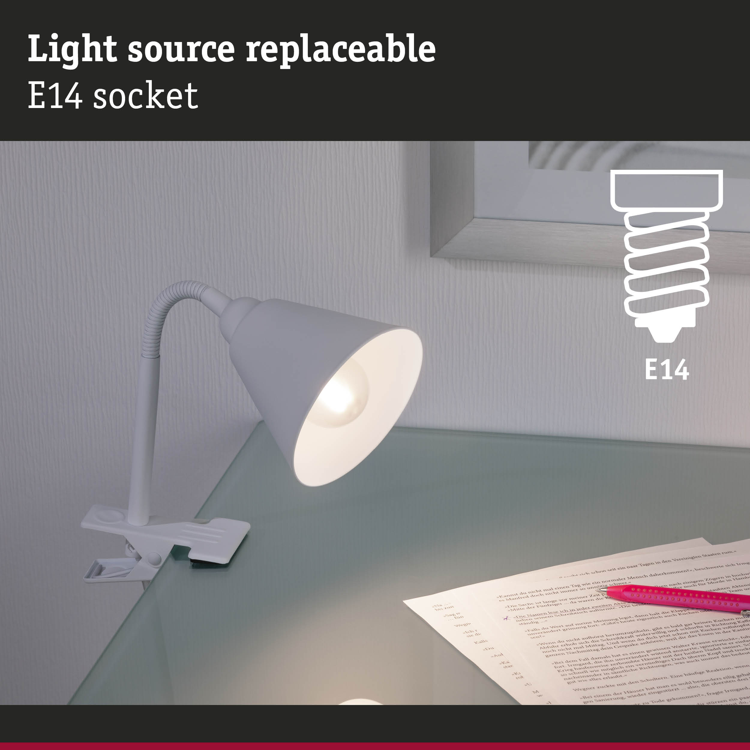 White desk lamp with flexible neck and E14 socket for replaceable light source