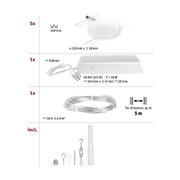 Technische Zeichnung mit 5 weißen LED-Deckenleuchten, Netzteil, 10m Kabel und Montagematerial.