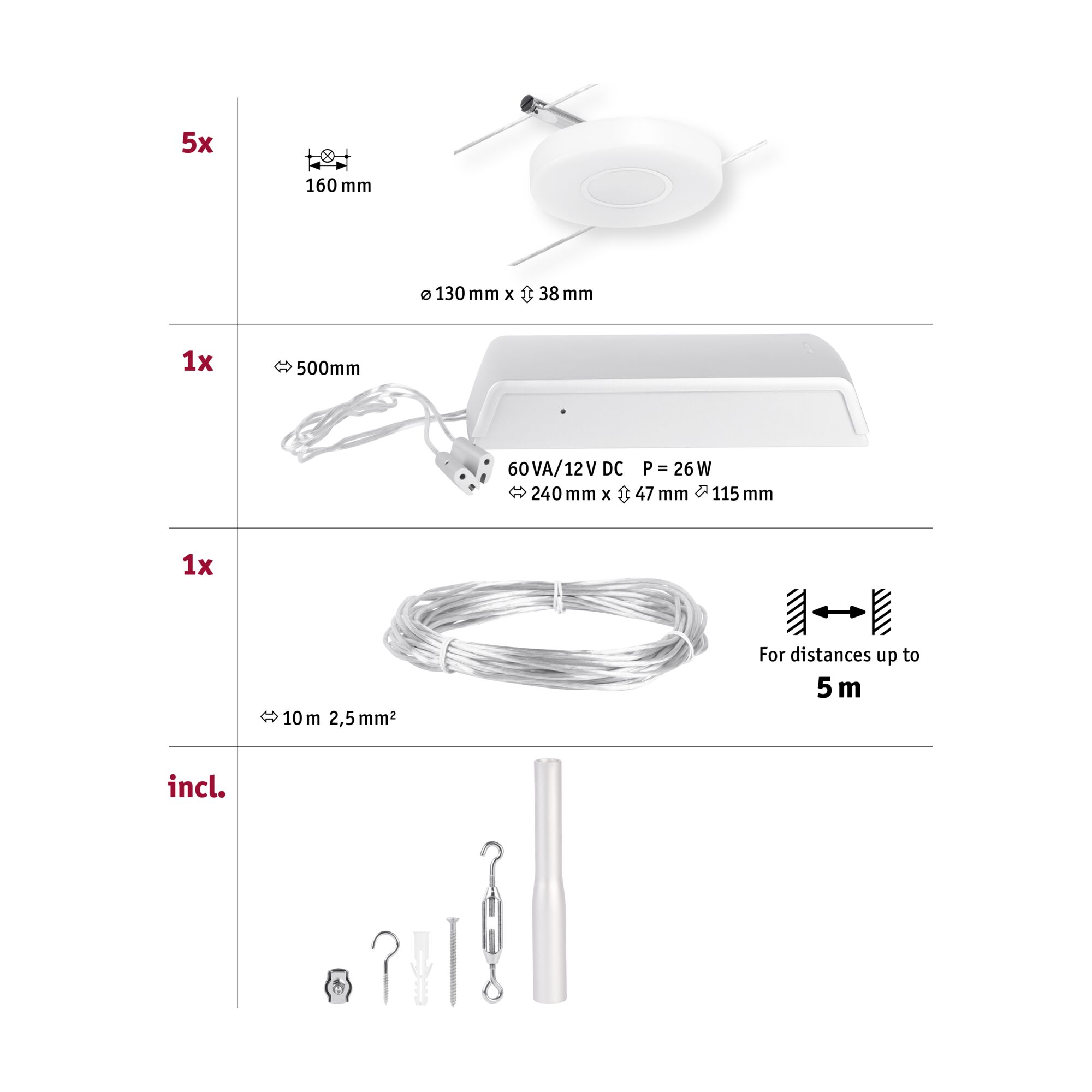 Technische Zeichnung mit 5 weißen LED-Deckenleuchten, Netzteil, 10m Kabel und Montagematerial.