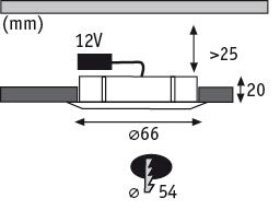 Technische tekening van 12V LED-inbouwspot met afmetingen Ø66 mm en inbouwdiepte 20 mm