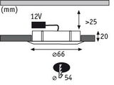 Teknisk tegning af 12V LED-indbygningsspot med dimensioner Ø66 mm og indbygningsdybde 20 mm