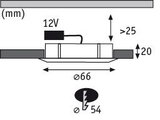Technische tekening van 12V LED-inbouwspot met afmetingen Ø66 mm en inbouwdiepte 20 mm