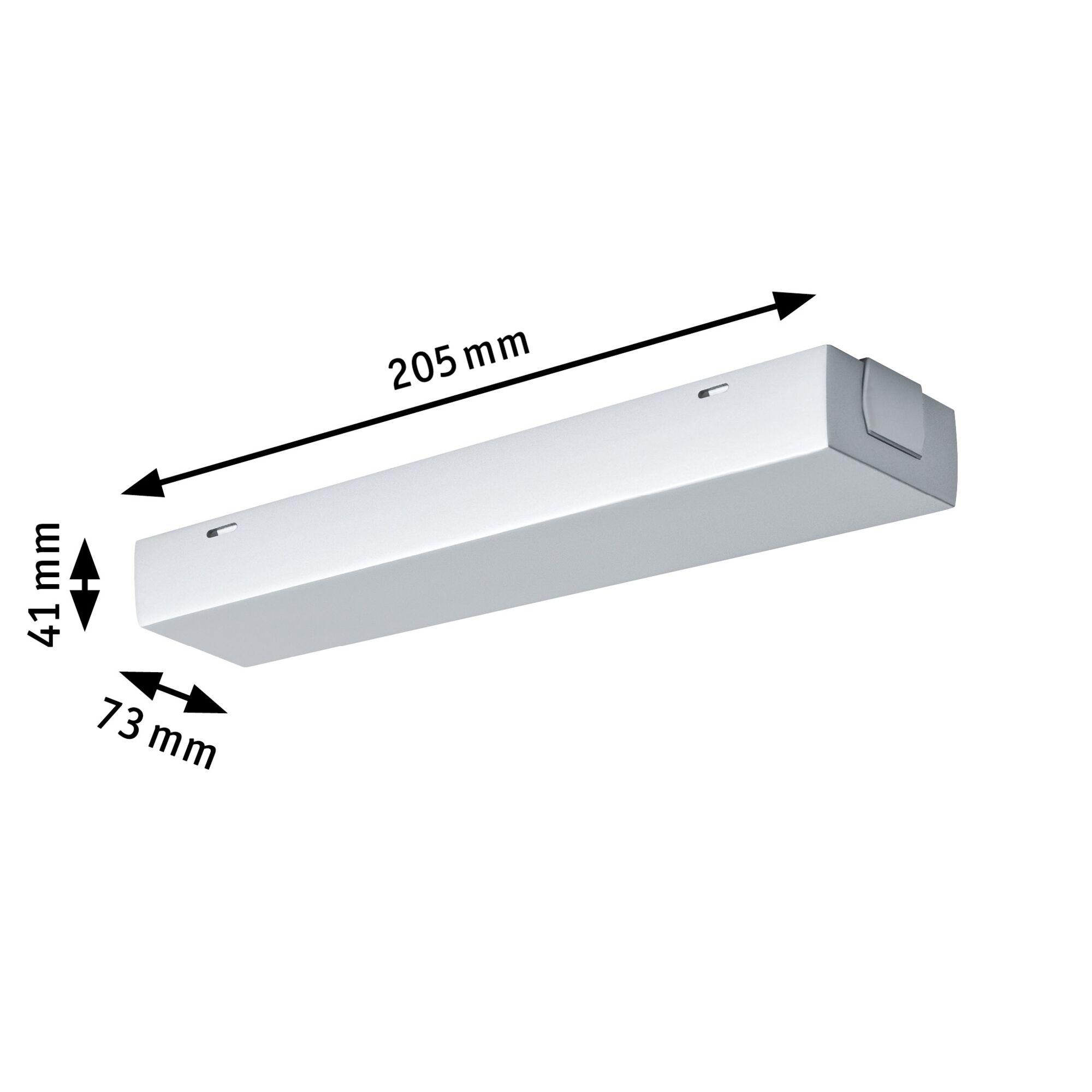 White metal LED under-cabinet light measuring 304x73x41 mm for modern lighting solutions