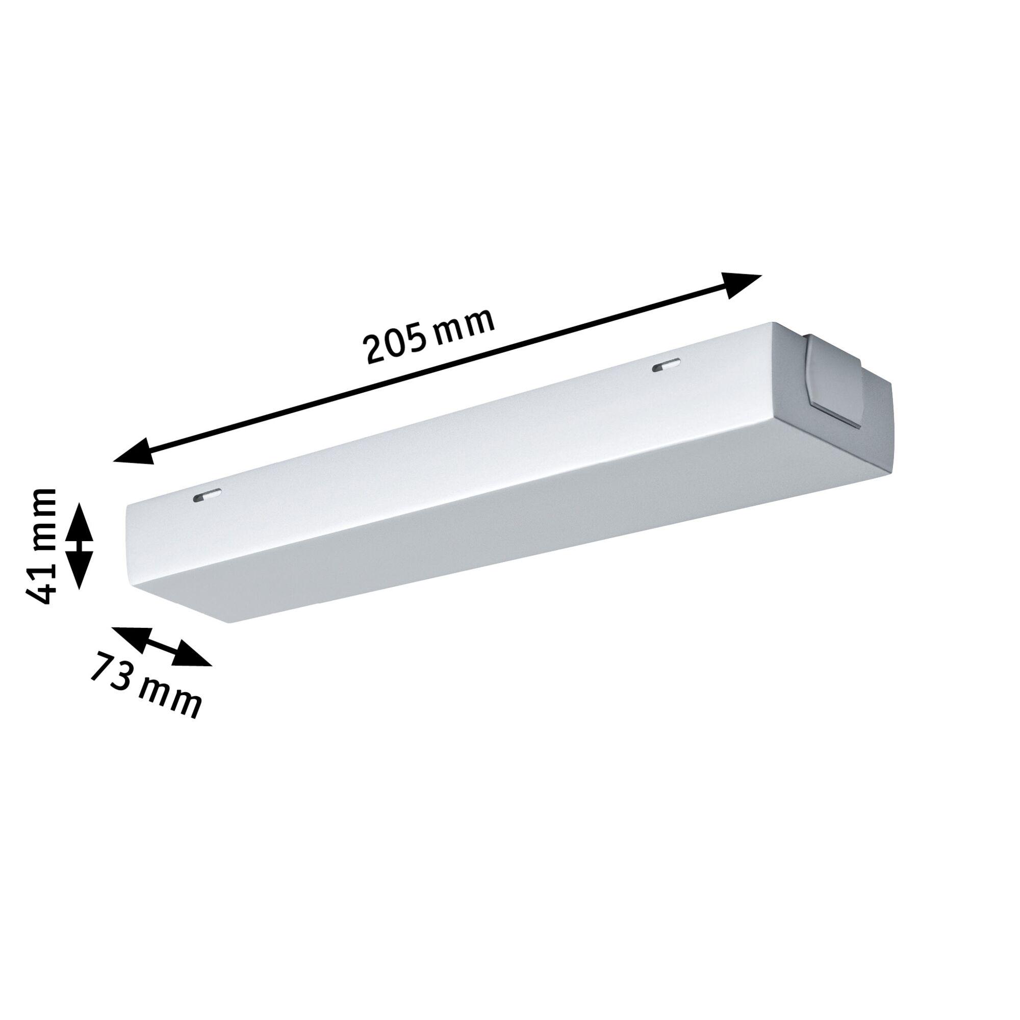 White rectangular LED light fixture measuring 205x73x41 mm for modern lighting solutions