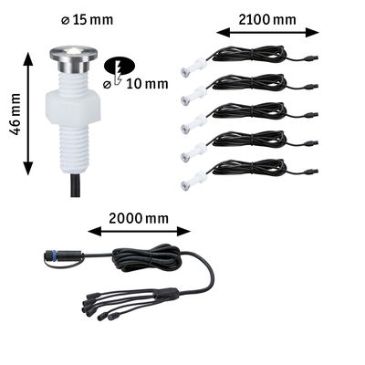 Technische tekening van witte LED-inbouwspots set met kabels en afmetingen voor verlichtingssystemen