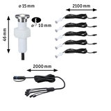 Technische tekening van witte LED-inbouwspots set met kabels en afmetingen voor verlichtingssystemen