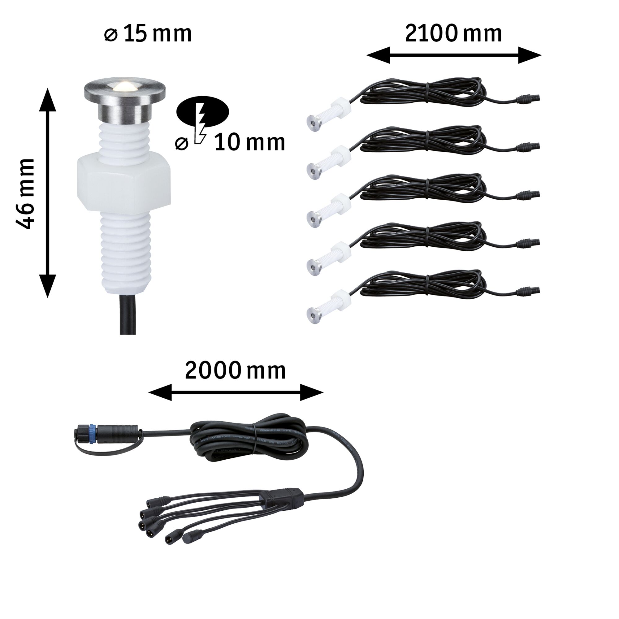 Technische tekening van witte LED-inbouwspots set met kabels en afmetingen voor verlichtingssystemen