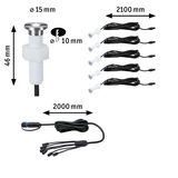 Technische tekening van witte LED-inbouwspots set met kabels en afmetingen voor verlichtingssystemen