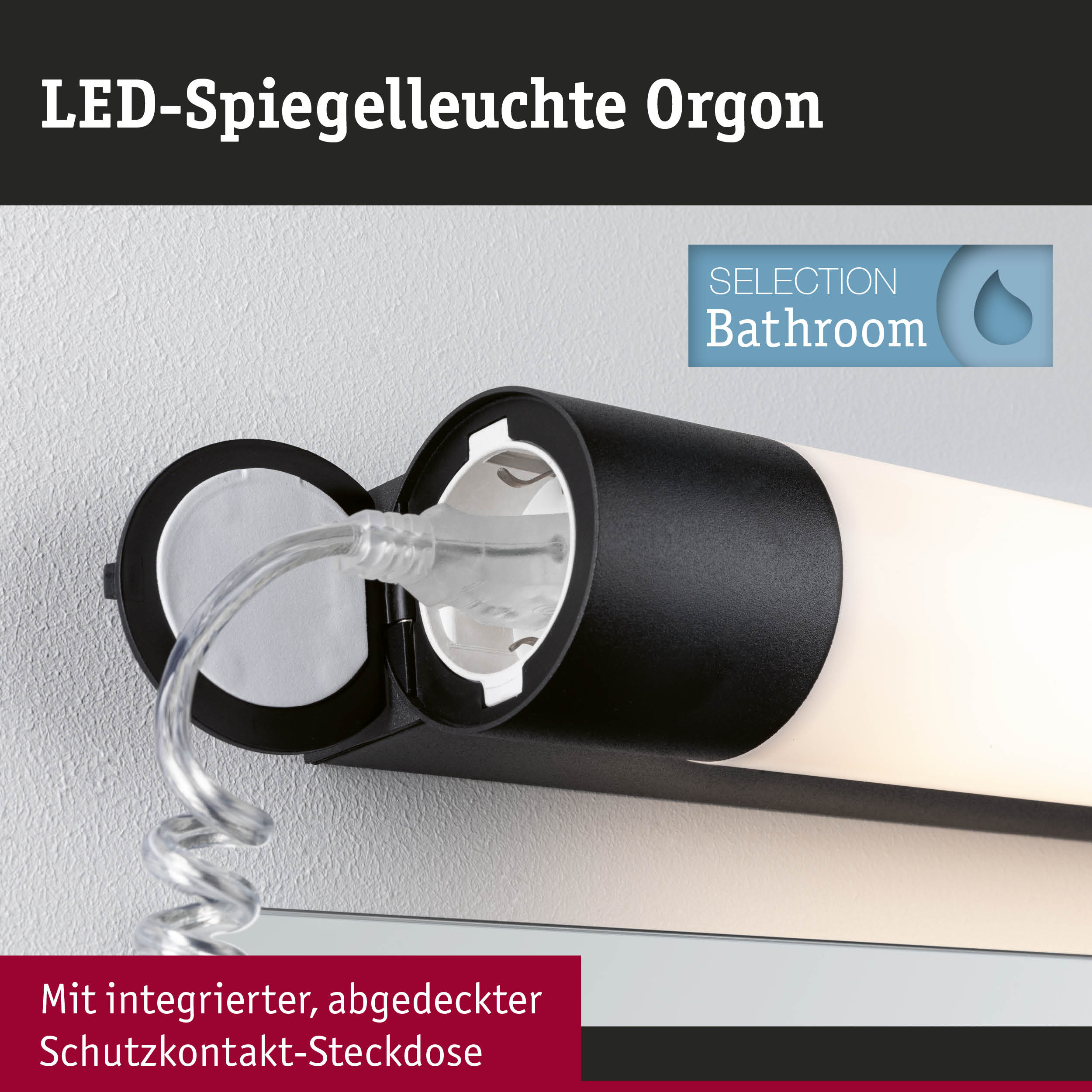 LED-Spiegelleuchte Orgon in Schwarz mit integrierter Schutzkontakt-Steckdose für Badezimmerbeleuchtung