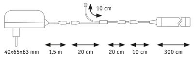 Technical drawing of a power adapter with cables measuring 40x65x63 mm and cable lengths up to 3 m