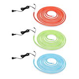 Drie flexibele LED-lichtstrips in rood, groen en blauw met zwarte aansluitkabel voor decoratie.
