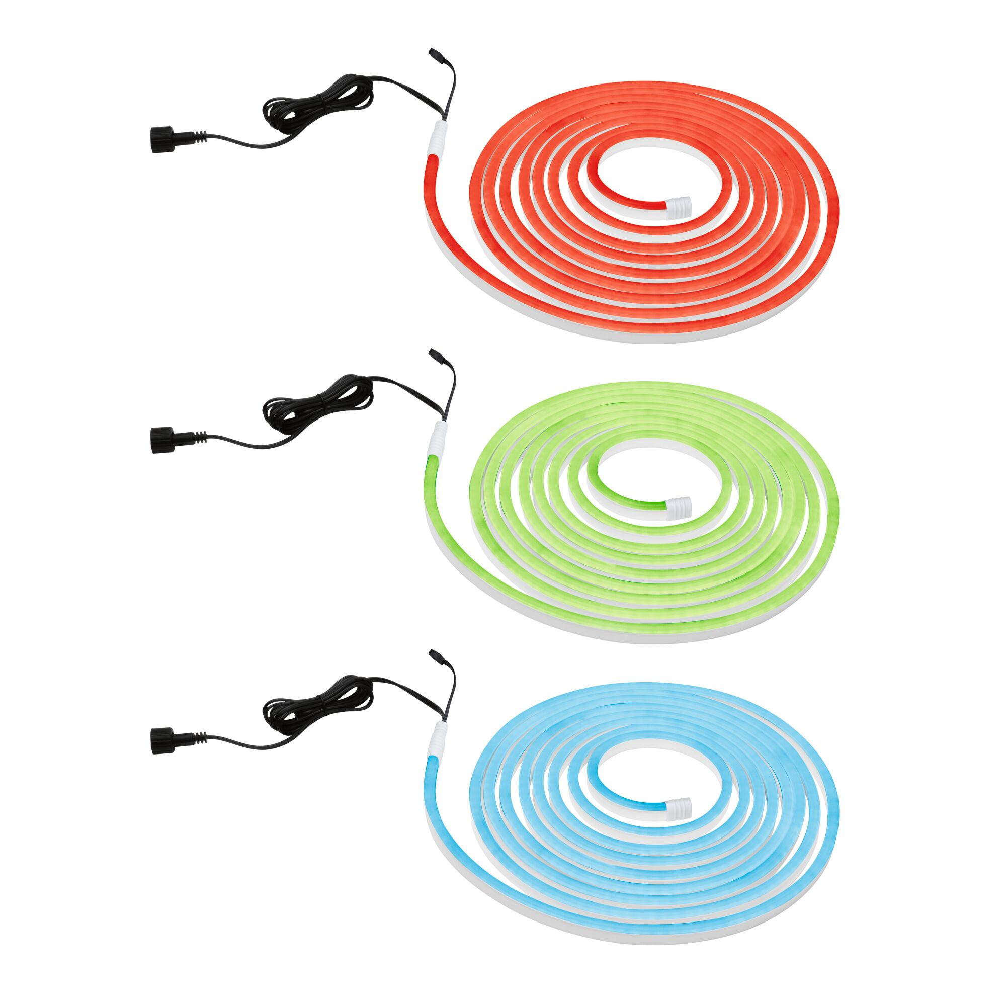 Trois bandes LED flexibles en rouge, vert et bleu avec câble noir pour décoration intérieure.