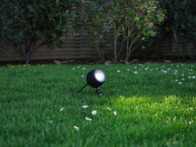 Schwarzer LED-Gartenstrahler auf grünem Rasen mit weißen Blumen, Außenbeleuchtung für Wege