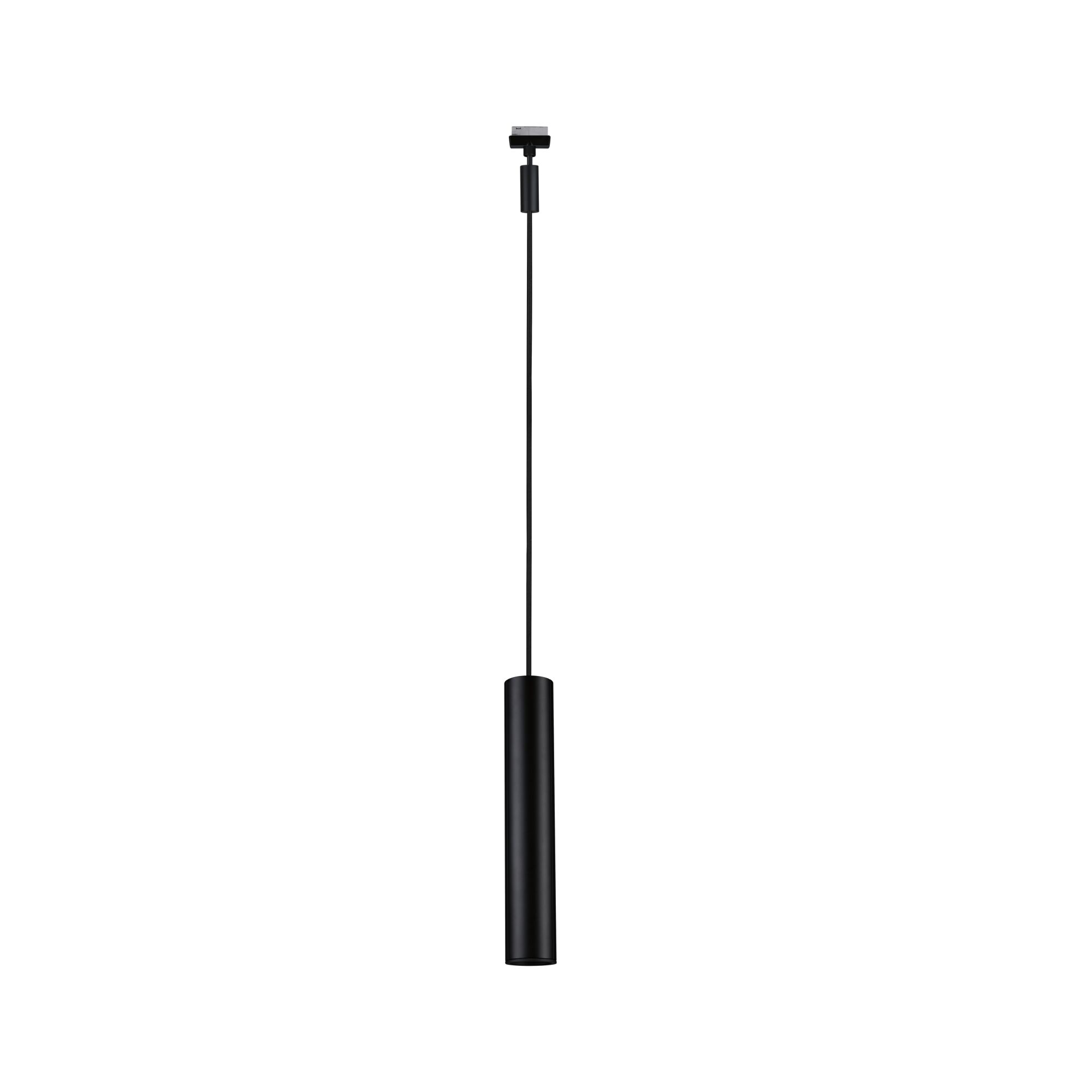 Black metal LED pendant light with slim cylindrical shade for modern indoor lighting
