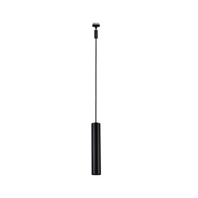 Black metal LED pendant light with slim cylindrical shade for modern indoor lighting